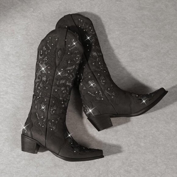 Women Black Embroidery Sparkly Rhinestone Chunky Heel Mid Calf Wedding Boots - Picture 4 of 5